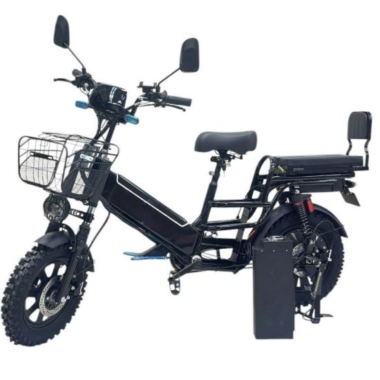 صورة دراجة كهربائية قوية بمقعدين سلة وبطارية احتياطية